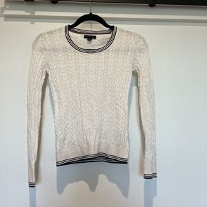 Tommy Hilfiger Women's White & Black Stripe Cable Knit Sweater Pullover Xxs